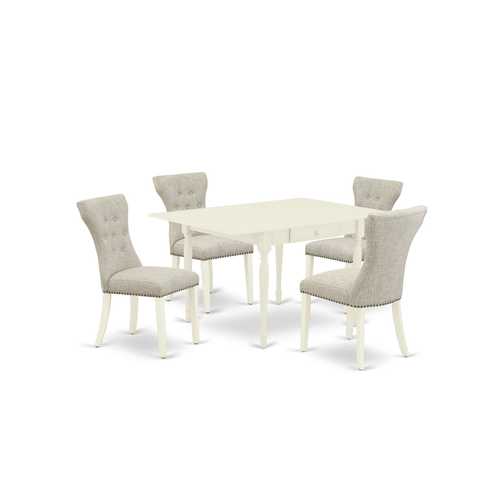 East West Furniture MZGA5-LWH-35 5 Piece Dining Set Includes a Rectangle Dining Room Table with Dropleaf and 4 Doeskin Linen Fabric Upholstered Parson Chairs, 36x54 Inch, Linen White
