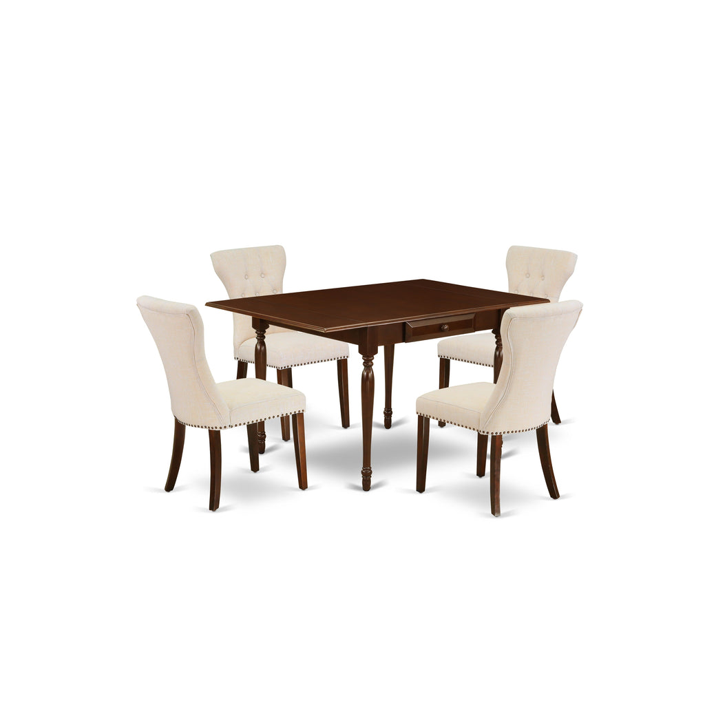 East West Furniture MZGA5-MAH-32 5 Piece Dining Set Includes a Rectangle Dining Room Table with Dropleaf and 4 Light Beige Linen Fabric Upholstered Parson Chairs, 36x54 Inch, Mahogany