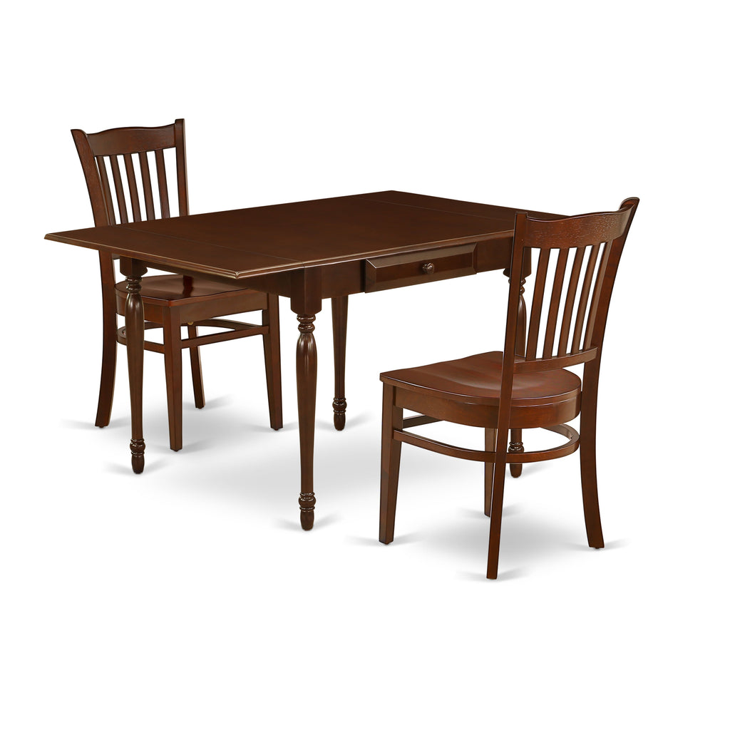East West Furniture MZGR3-MAH-W 3 Piece Dinette Set for Small Spaces Contains a Rectangle Dining Table with Dropleaf and 2 Kitchen Dining Chairs, 36x54 Inch, Mahogany