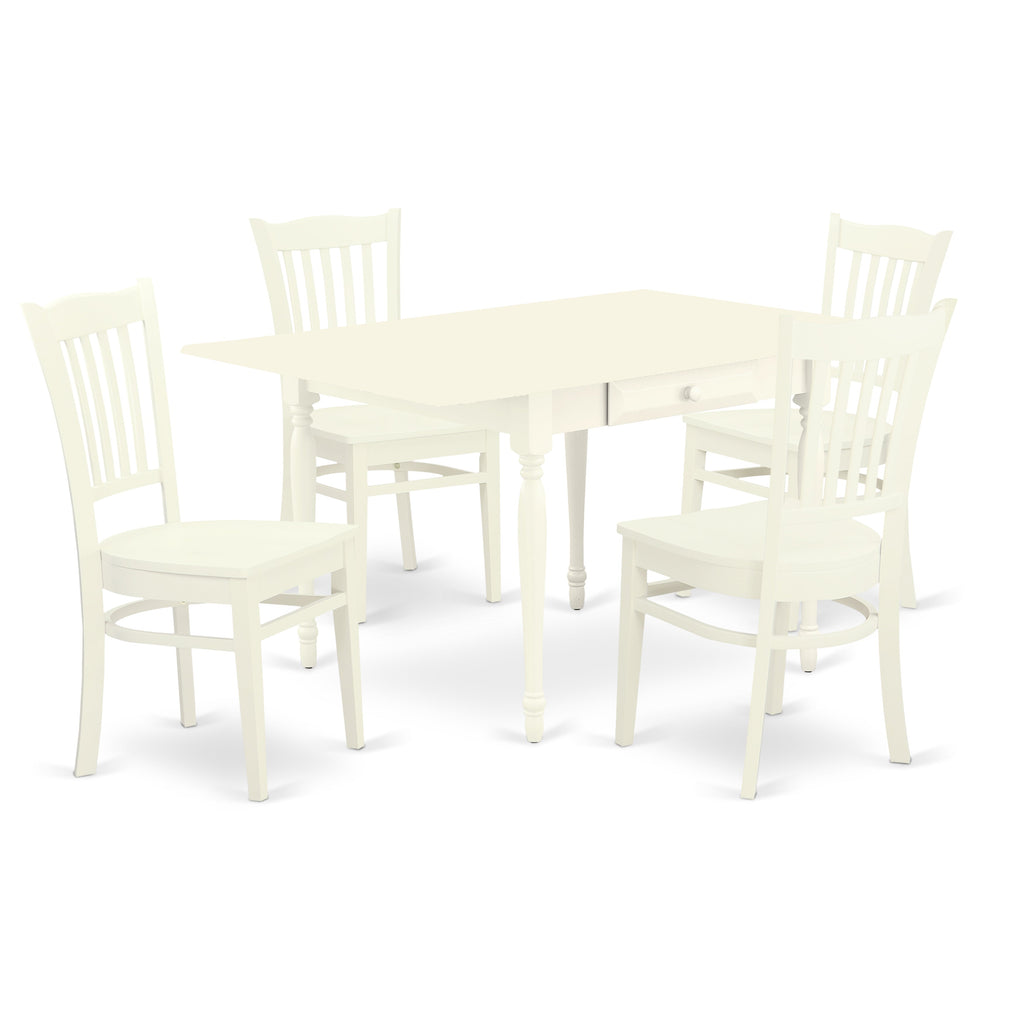 East West Furniture MZGR5-LWH-W 5 Piece Dining Set Includes a Rectangle Dining Room Table with Dropleaf and 4 Kitchen Chairs, 36x54 Inch, Linen White