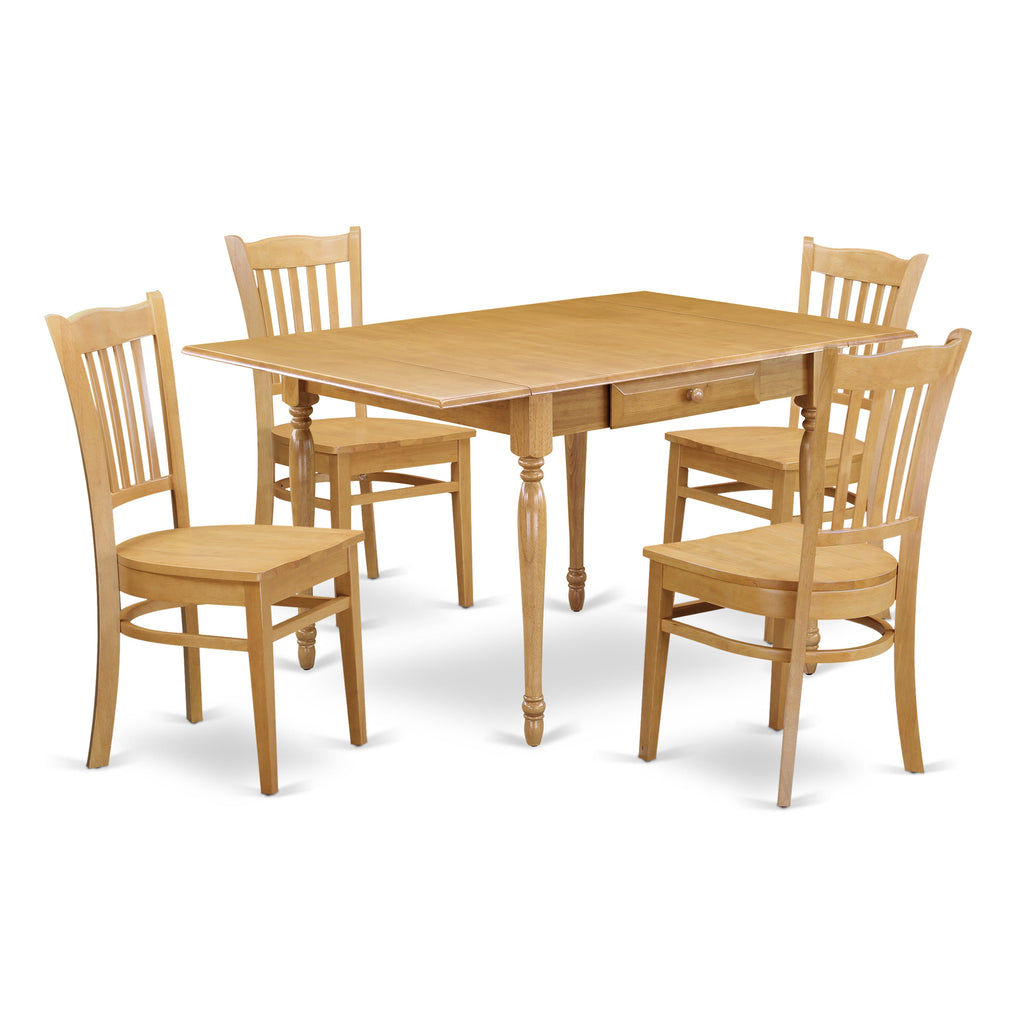 East West Furniture MZGR5-OAK-W 5 Piece Kitchen Table Set for 4 Includes a Rectangle Dining Room Table with Dropleaf and 4 Dining Chairs, 36x54 Inch, Oak