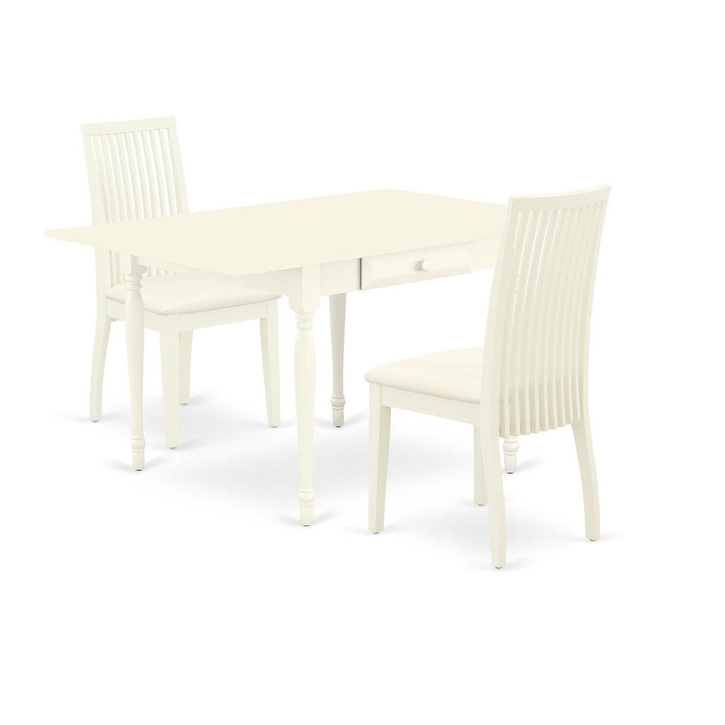 East West Furniture MZIP3-LWH-C 3 Piece Dining Room Table Set Contains a Rectangle Kitchen Table with Dropleaf and 2 Linen Fabric Upholstered Dining Chairs, 36x54 Inch, Linen White