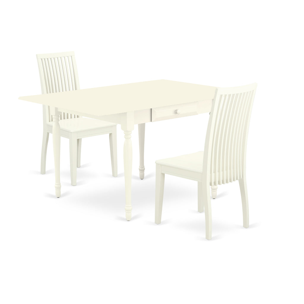 East West Furniture MZIP3-LWH-W 3 Piece Kitchen Table Set for Small Spaces Contains a Rectangle Dining Room Table with Dropleaf and 2 Dining Chairs, 36x54 Inch, Linen White