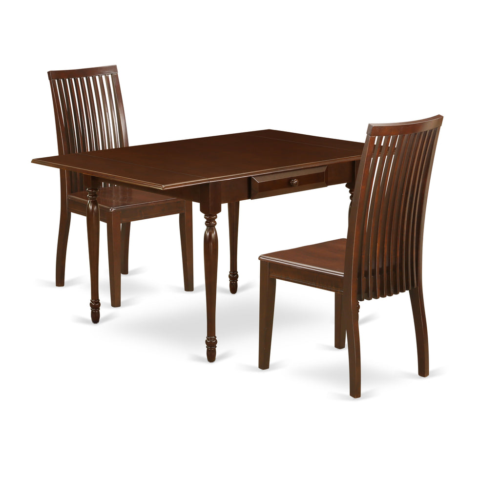East West Furniture MZIP3-MAH-W 3 Piece Modern Dining Table Set Contains a Rectangle Wooden Table with Dropleaf and 2 Kitchen Dining Chairs, 36x54 Inch, Mahogany