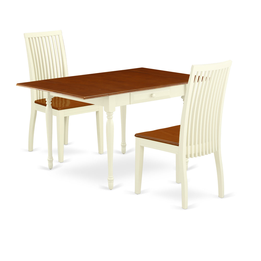 East West Furniture MZIP3-WHI-W 3 Piece Dining Room Table Set Contains a Rectangle Kitchen Table with Dropleaf and 2 Dining Chairs, 36x54 Inch, Buttermilk & Cherry