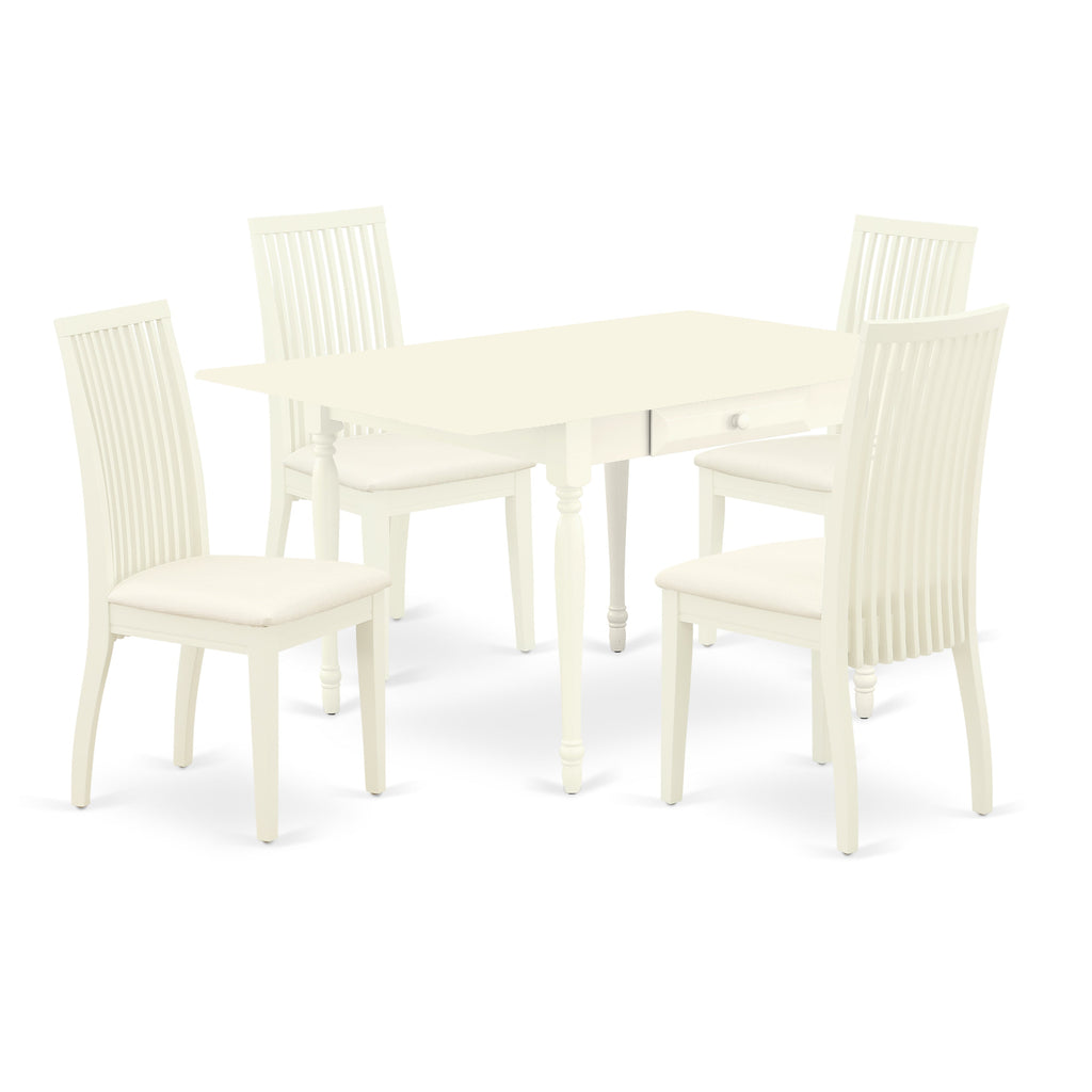 East West Furniture MZIP5-LWH-C 5 Piece Dining Room Table Set Includes a Rectangle Kitchen Table with Dropleaf and 4 Linen Fabric Upholstered Dining Chairs, 36x54 Inch, Linen White