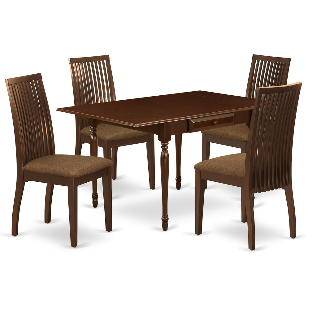 East West Furniture MZIP5-MAH-C 5 Piece Kitchen Table & Chairs Set Includes a Rectangle Dining Table with Dropleaf and 4 Linen Fabric Dining Room Chairs, 36x54 Inch, Mahogany