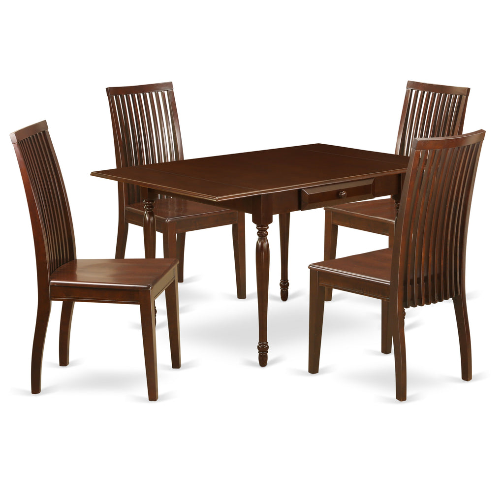 East West Furniture MZIP5-MAH-W 5 Piece Kitchen Table & Chairs Set Includes a Rectangle Dining Table with Dropleaf and 4 Dining Room Chairs, 36x54 Inch, Mahogany