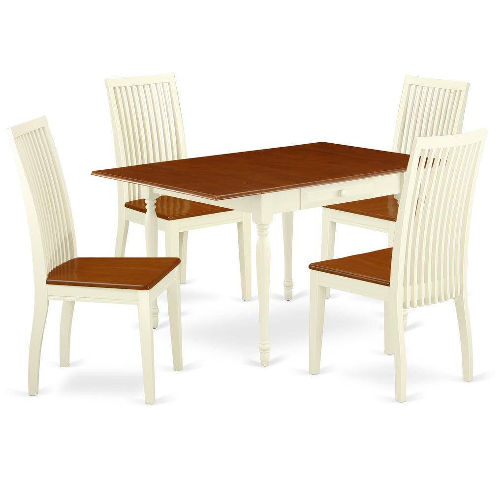 East West Furniture MZIP5-WHI-W 5 Piece Dining Set Includes a Rectangle Dining Room Table with Dropleaf and 4 Wood Seat Chairs, 36x54 Inch, Buttermilk & Cherry
