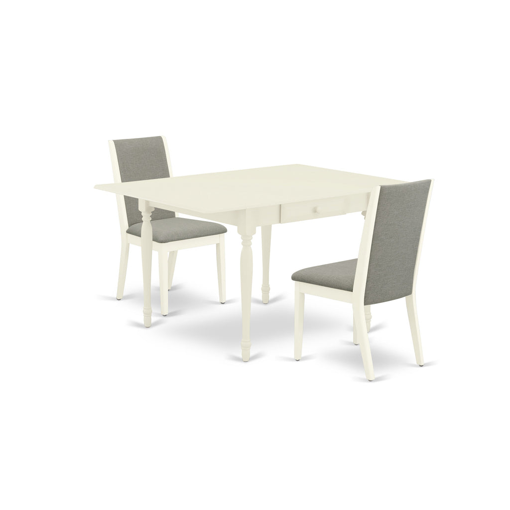 East West Furniture MZLA3-LWH-06 3 Piece Kitchen Table & Chairs Set Contains a Rectangle Dining Table with Dropleaf and 2 Shitake Linen Fabric Upholstered Chairs, 36x54 Inch, Linen White
