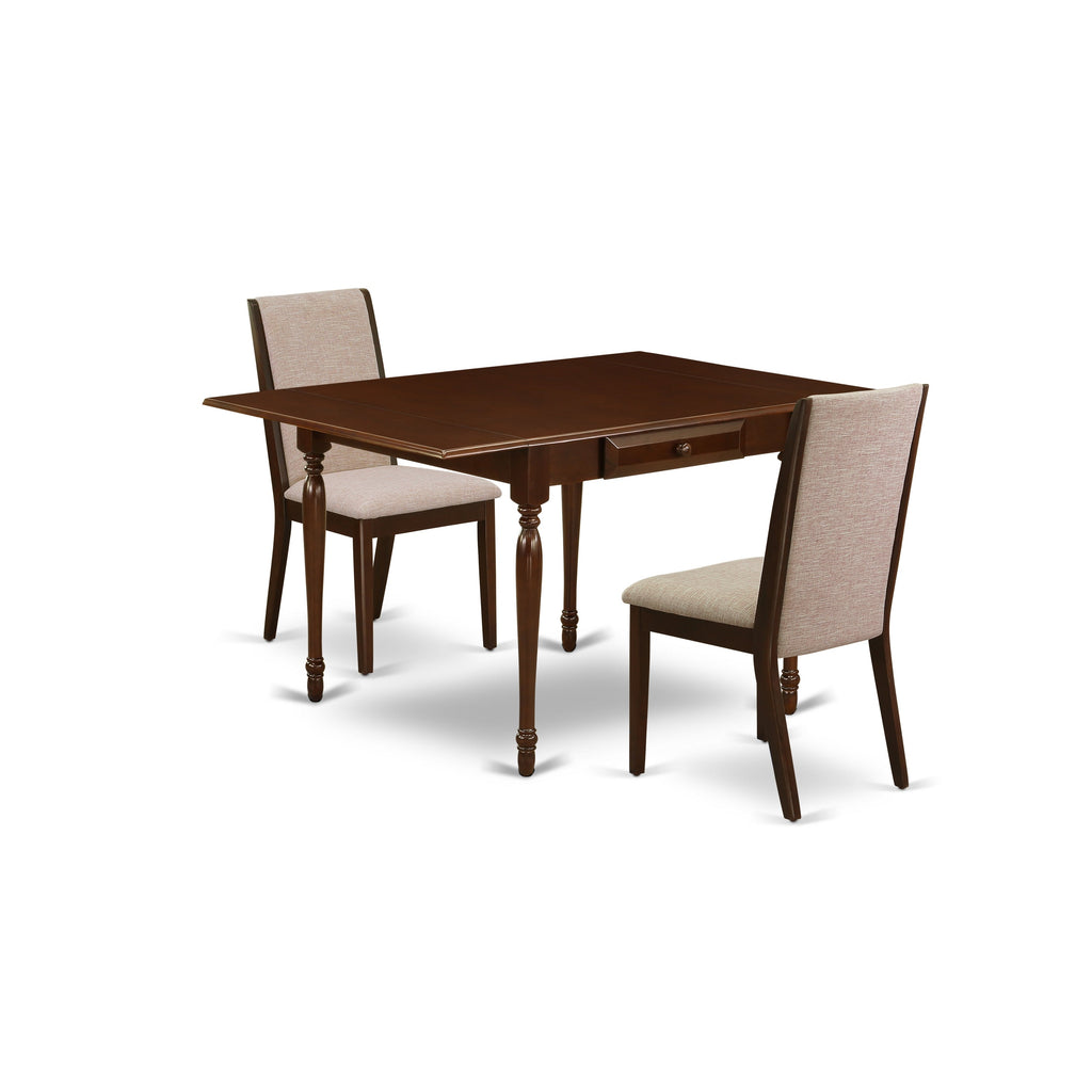 East West Furniture MZLA3-MAH-04 3 Piece Dinette Set for Small Spaces Contains a Rectangle Dining Table with Dropleaf and 2 Light Tan Linen Fabric Parson Chairs, 36x54 Inch, Mahogany