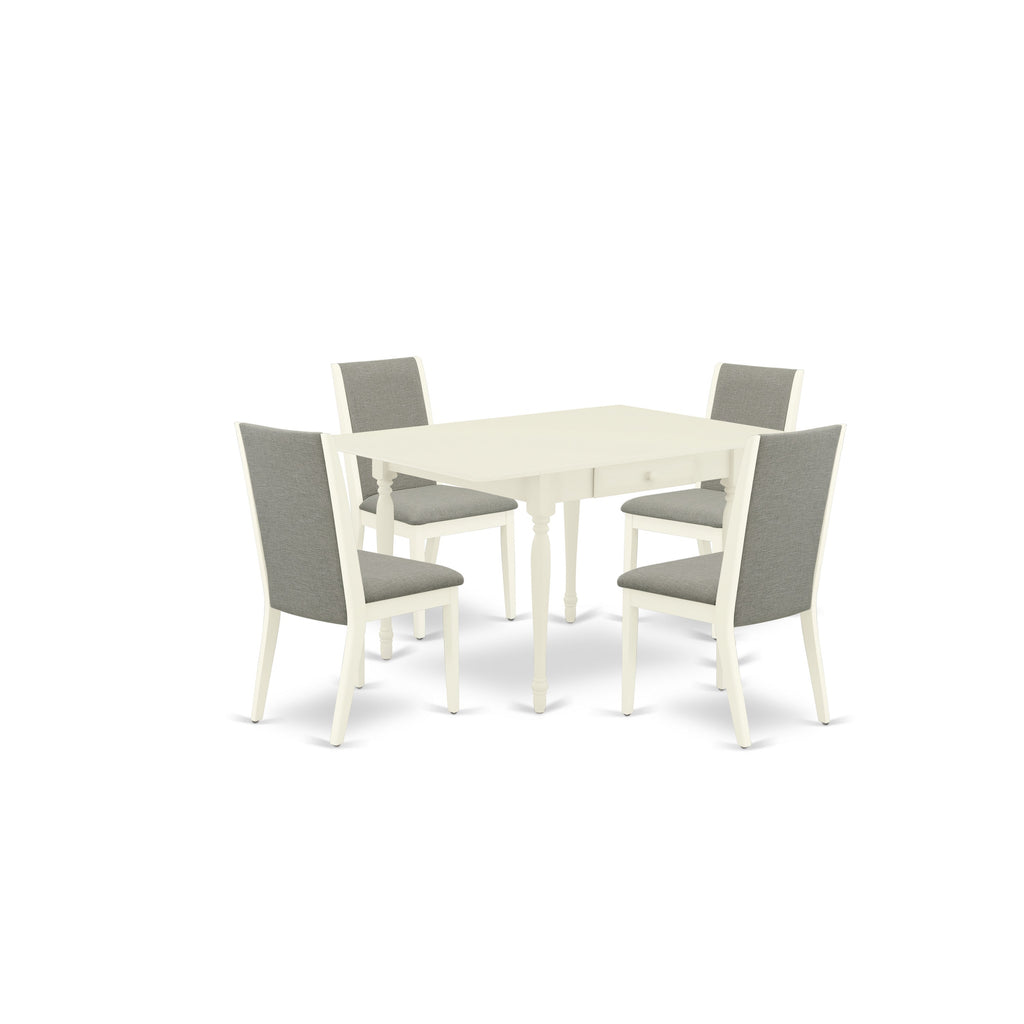 East West Furniture MZLA5-LWH-06 5 Piece Dining Table Set for 4 Includes a Rectangle Kitchen Table with Dropleaf and 4 Shitake Linen Fabric Parson Dining Chairs, 36x54 Inch, Linen White
