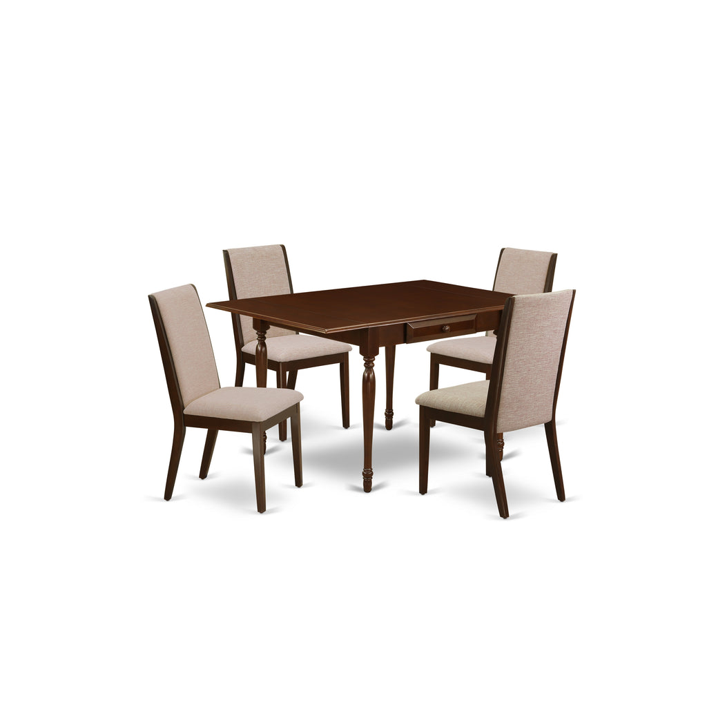 East West Furniture MZLA5-MAH-04 5 Piece Dining Room Furniture Set Includes a Rectangle Dining Table with Dropleaf and 4 Light Tan Linen Fabric Upholstered Chairs, 36x54 Inch, Mahogany