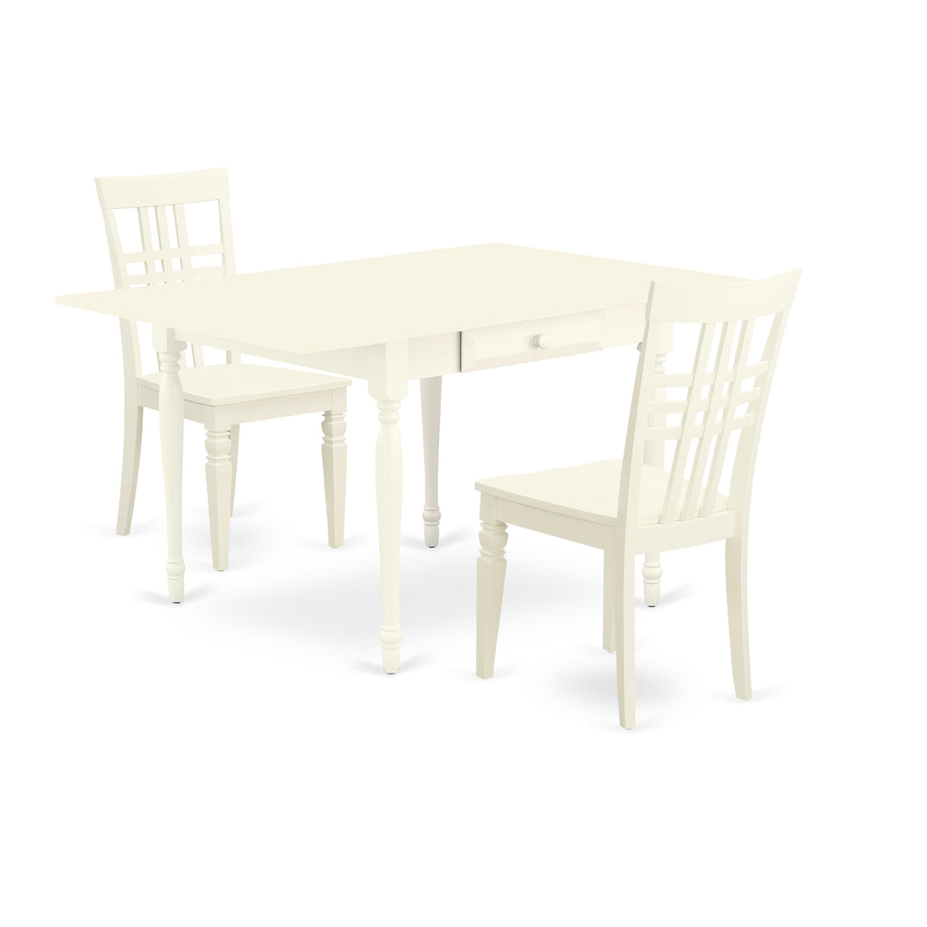 East West Furniture MZLG3-LWH-W 3 Piece Dining Set Contains a Rectangle Dining Room Table with Dropleaf and 2 Wood Seat Chairs, 36x54 Inch, Linen White