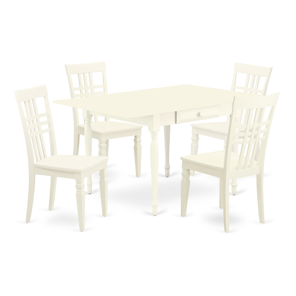 East West Furniture MZLG5-LWH-W 5 Piece Dining Room Furniture Set Includes a Rectangle Dining Table with Dropleaf and 4 Wood Seat Chairs, 36x54 Inch, Linen White