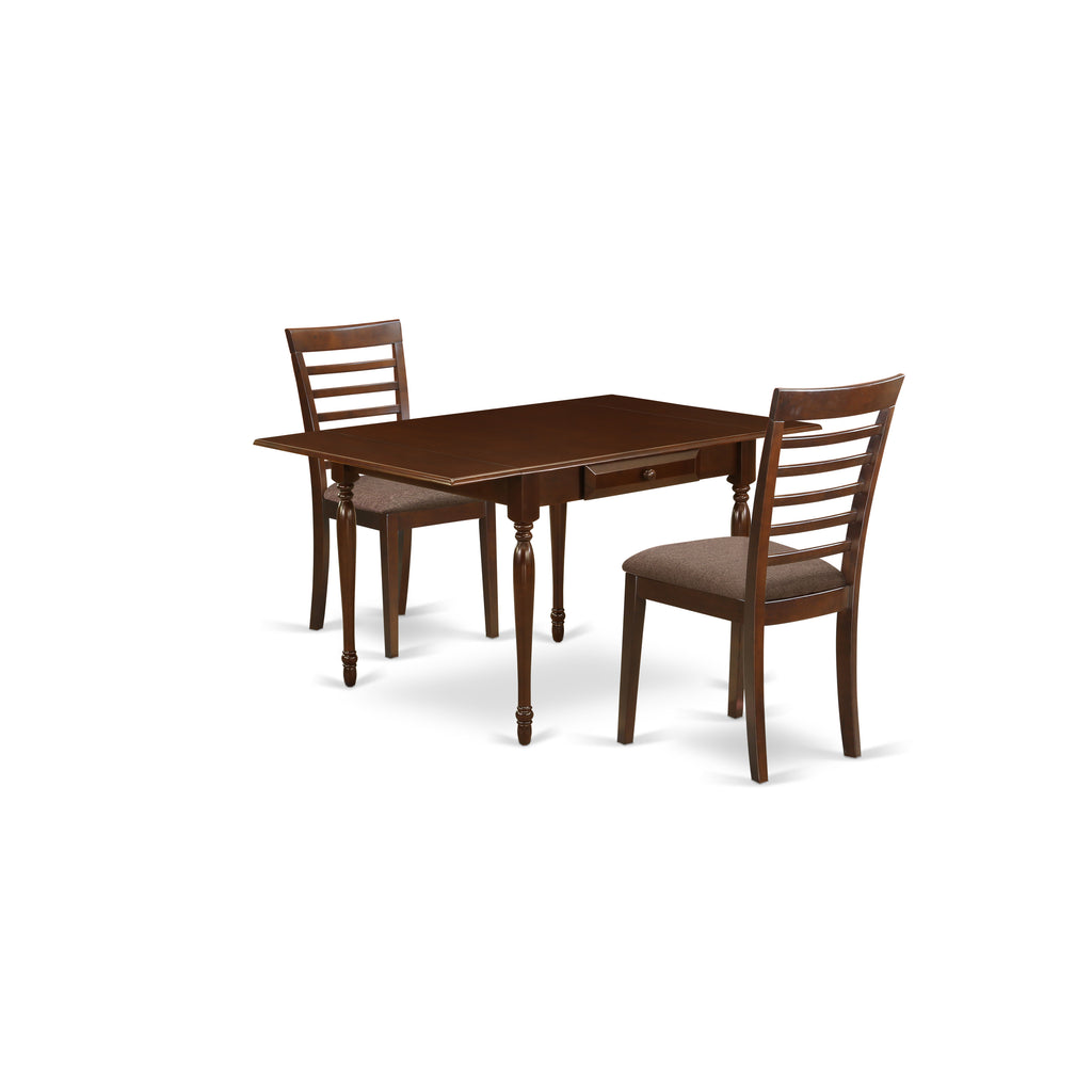 East West Furniture MZML3-MAH-C 3 Piece Dining Room Furniture Set Contains a Rectangle Kitchen Table with Dropleaf and 2 Linen Fabric Upholstered Dining Chairs, 36x54 Inch, Mahogany