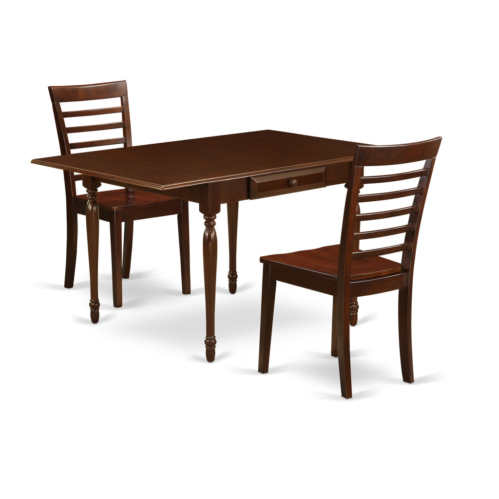 East West Furniture MZML3-MAH-W 3 Piece Dining Room Furniture Set Contains a Rectangle Kitchen Table with Dropleaf and 2 Dining Chairs, 36x54 Inch, Mahogany