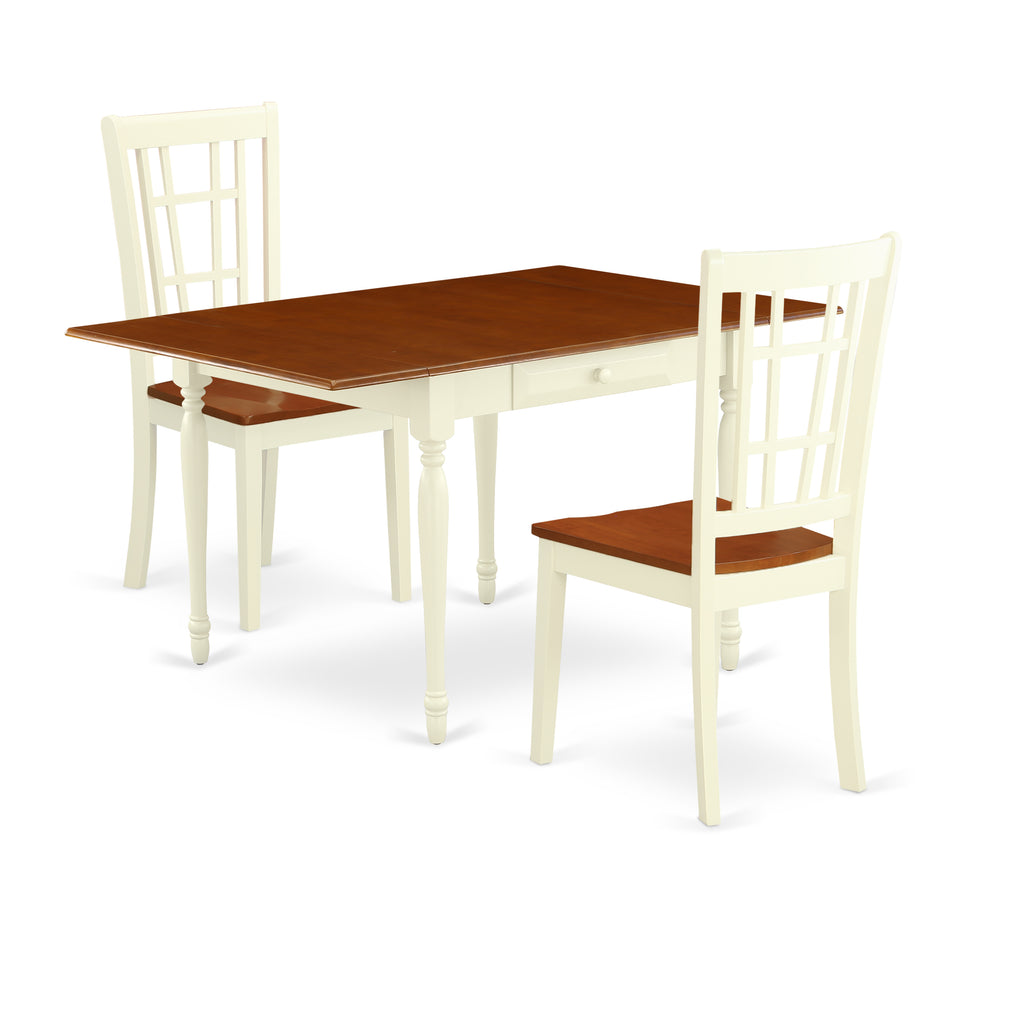 East West Furniture MZNI3-WHI-W 3 Piece Modern Dining Table Set Contains a Rectangle Wooden Table with Dropleaf and 2 Kitchen Dining Chairs, 36x54 Inch, Buttermilk & Cherry