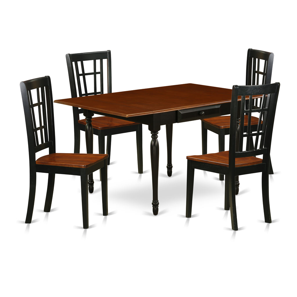 East West Furniture MZNI5-BCH-W 5 Piece Kitchen Table Set for 4 Includes a Rectangle Dining Room Table with Dropleaf and 4 Solid Wood Seat Chairs, 36x54 Inch, Black & Cherry