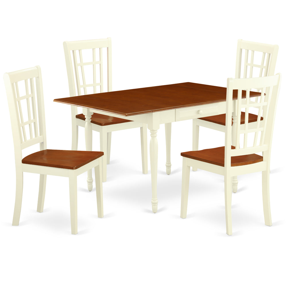 East West Furniture MZNI5-WHI-W 5 Piece Dining Table Set for 4 Includes a Rectangle Kitchen Table with Dropleaf and 4 Dining Room Chairs, 36x54 Inch, Buttermilk & Cherry