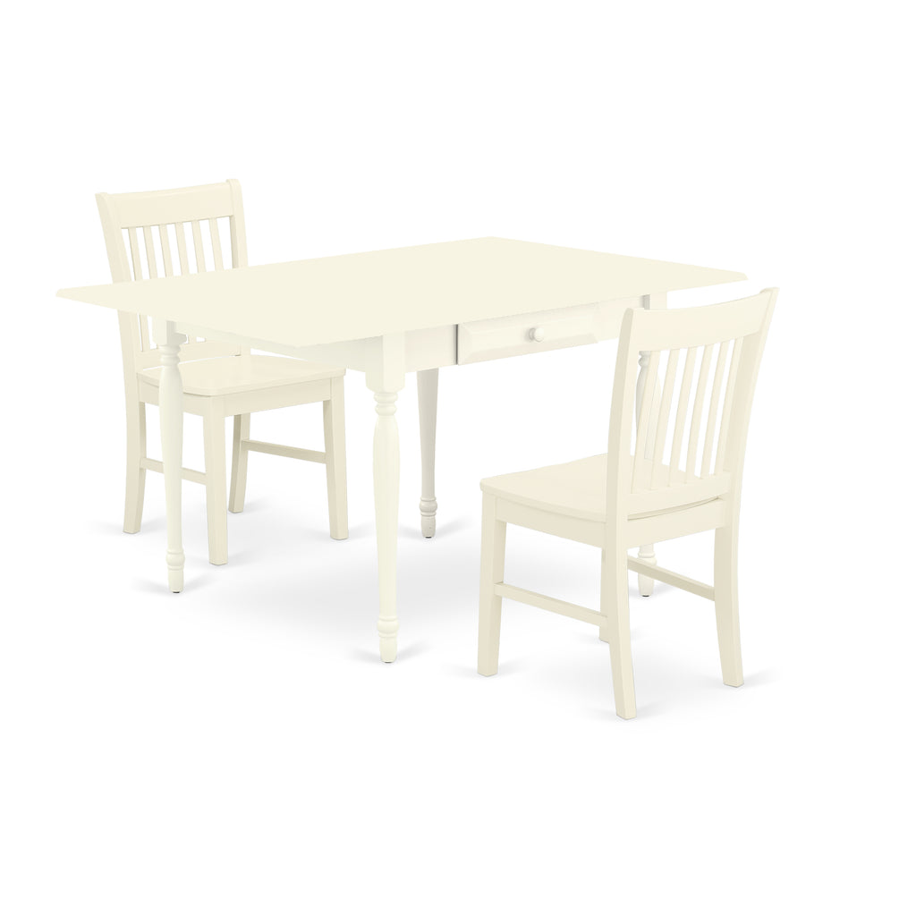 East West Furniture MZNO3-LWH-W 3 Piece Kitchen Table Set for Small Spaces Contains a Rectangle Dining Room Table with Dropleaf and 2 Solid Wood Seat Chairs, 36x54 Inch, Linen White