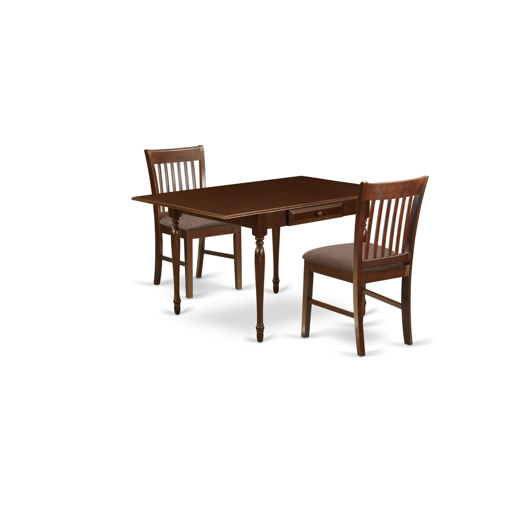 East West Furniture MZNO3-MAH-C 3 Piece Dinette Set for Small Spaces Contains a Rectangle Dining Table with Dropleaf and 2 Linen Fabric Dining Room Chairs, 36x54 Inch, Mahogany