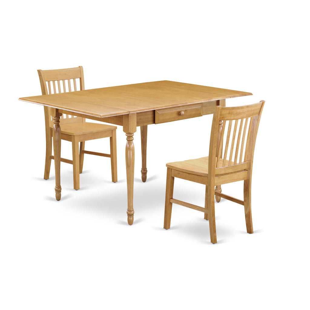 East West Furniture MZNO3-OAK-W 3 Piece Kitchen Table Set for Small Spaces Contains a Rectangle Dining Room Table with Dropleaf and 2 Solid Wood Seat Chairs, 36x54 Inch, Oak