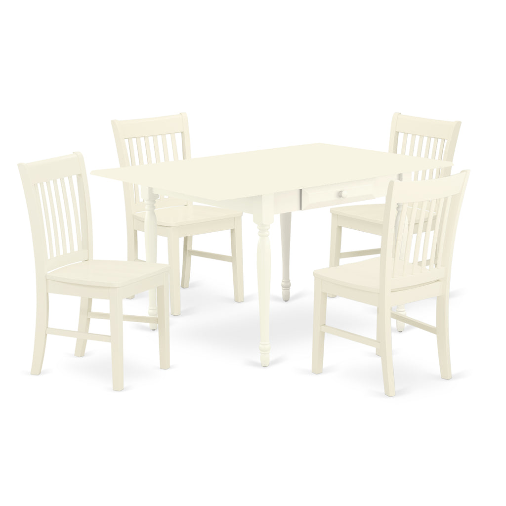 East West Furniture MZNO5-LWH-W 5 Piece Kitchen Table & Chairs Set Includes a Rectangle Dining Table with Dropleaf and 4 Dining Room Chairs, 36x54 Inch, Linen White