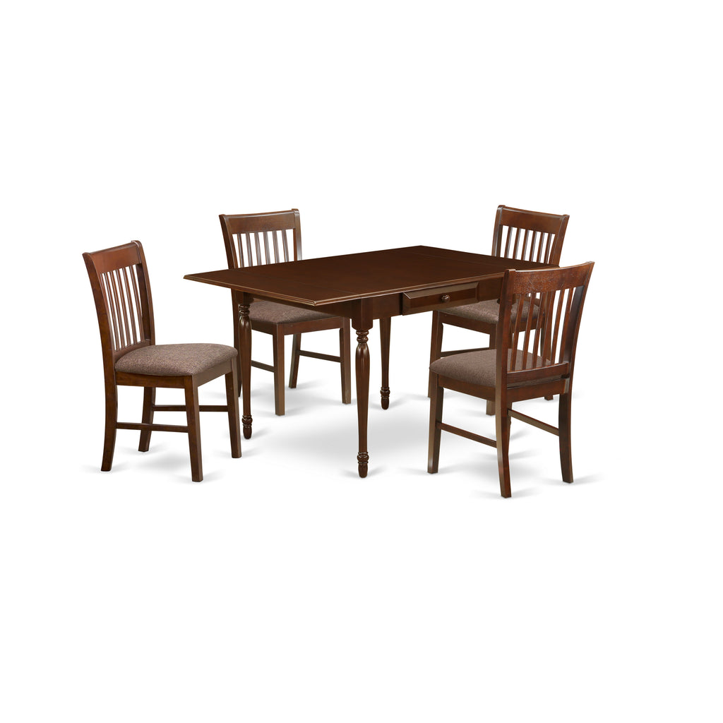 East West Furniture MZNO5-MAH-C 5 Piece Modern Dining Table Set Includes a Rectangle Wooden Table with Dropleaf and 4 Linen Fabric Dining Room Chairs, 36x54 Inch, Mahogany