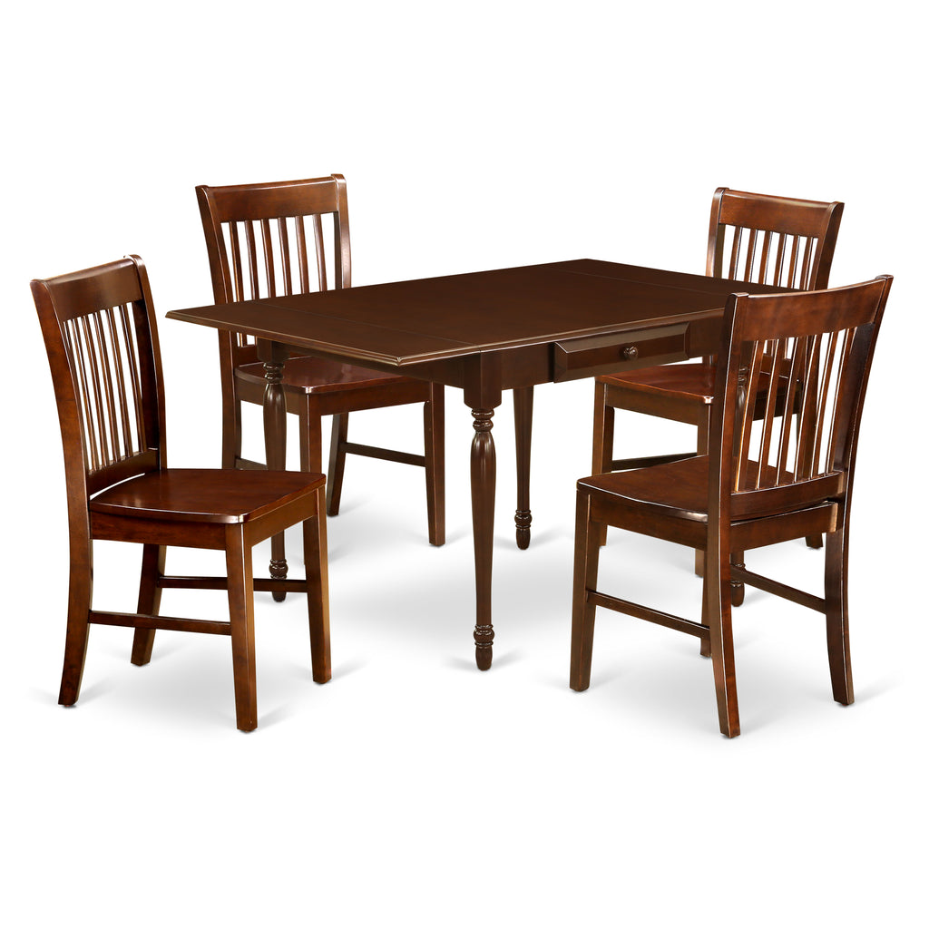 East West Furniture MZNO5-MAH-W 5 Piece Dining Set Includes a Rectangle Dining Room Table with Dropleaf and 4 Kitchen Chairs, 36x54 Inch, Mahogany