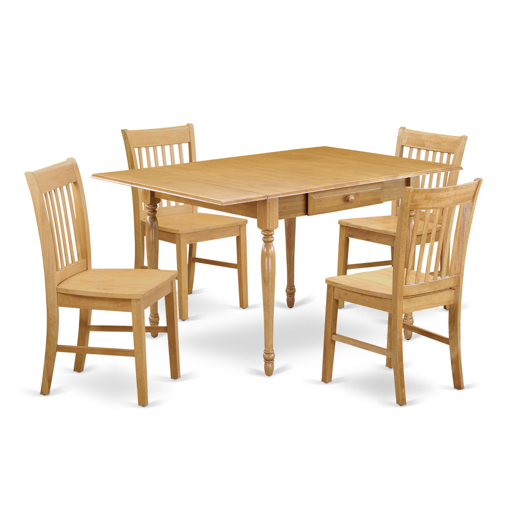 East West Furniture MZNO5-OAK-W 5 Piece Dining Room Table Set Includes a Rectangle Dining Table with Dropleaf and 4 Wood Seat Chairs, 36x54 Inch, Oak