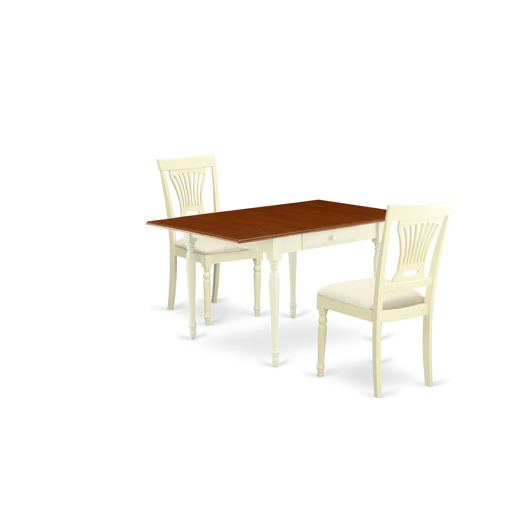 East West Furniture MZPL3-WHI-C 3 Piece Dining Table Set for Small Spaces Contains a Rectangle Wooden Table with Dropleaf and 2 Linen Fabric Upholstered Chairs, 36x54 Inch, Buttermilk & Cherry