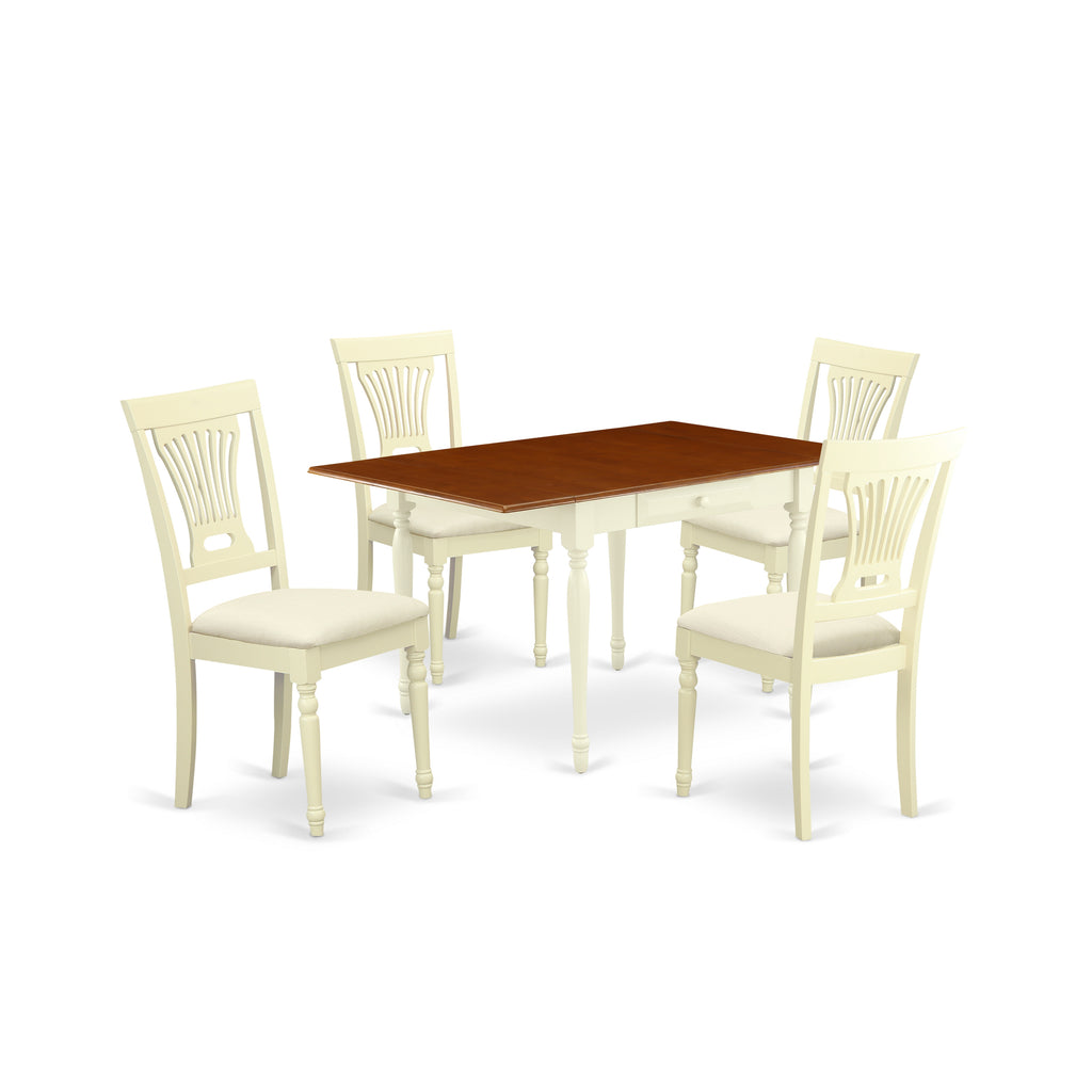 East West Furniture MZPL5-WHI-C 5 Piece Kitchen Table & Chairs Set Includes a Rectangle Dining Room Table with Dropleaf and 4 Linen Fabric Upholstered Chairs, 36x54 Inch, Buttermilk & Cherry
