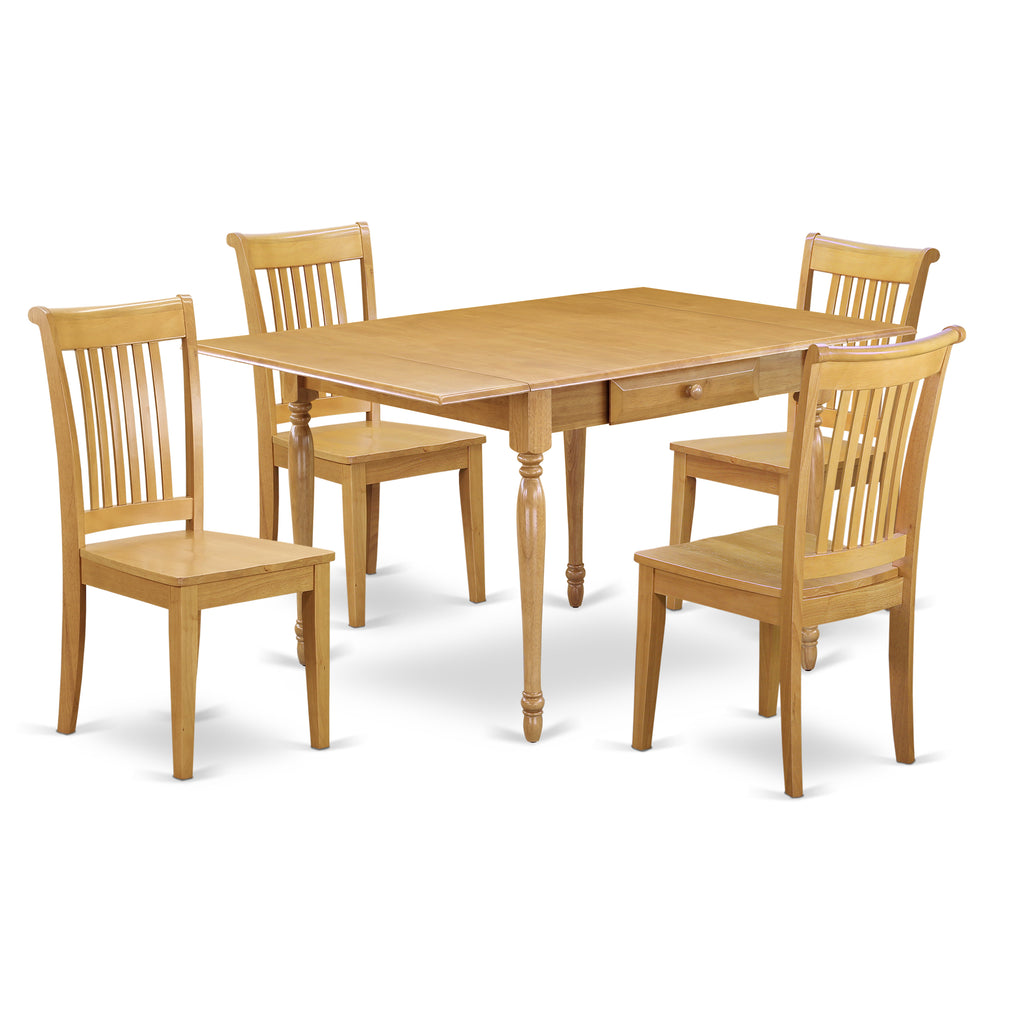 East West Furniture MZPO5-OAK-W 5 Piece Dining Room Table Set Includes a Rectangle Kitchen Table with Dropleaf and 4 Dining Chairs, 36x54 Inch, Oak