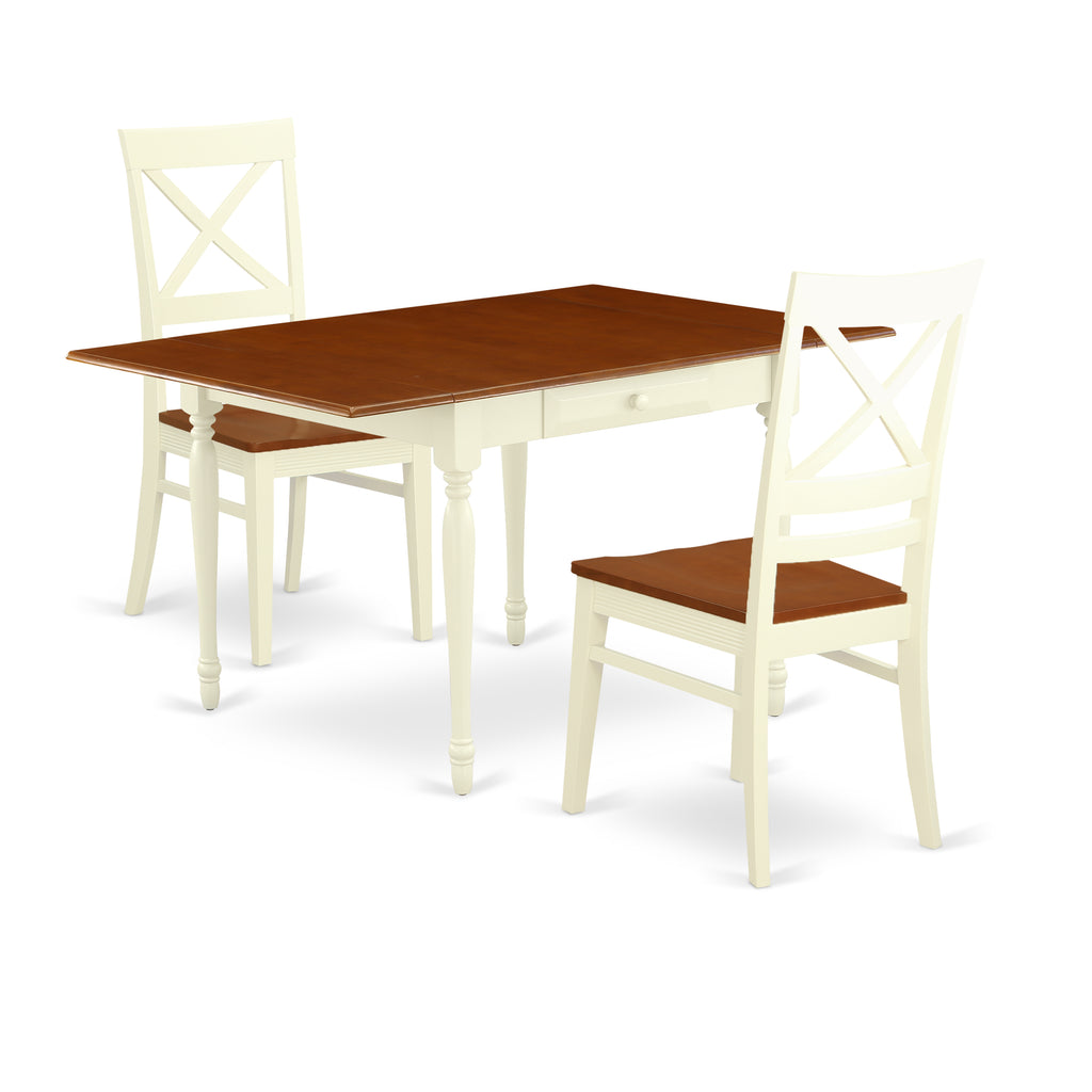 East West Furniture MZQU3-WHI-W 3 Piece Dining Room Table Set Contains a Rectangle Kitchen Table with Dropleaf and 2 Dining Chairs, 36x54 Inch, Buttermilk & Cherry
