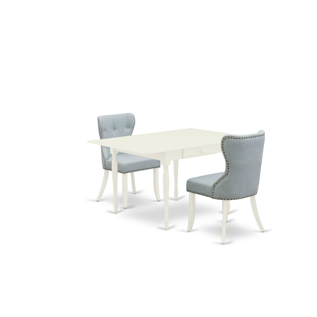 East West Furniture MZSI3-LWH-15 3 Piece Dining Table Set Contains a Rectangle Dining Room Table with Dropleaf and 2 Baby Blue Linen Fabric Parsons Chairs, 36x54 Inch, Mahogany