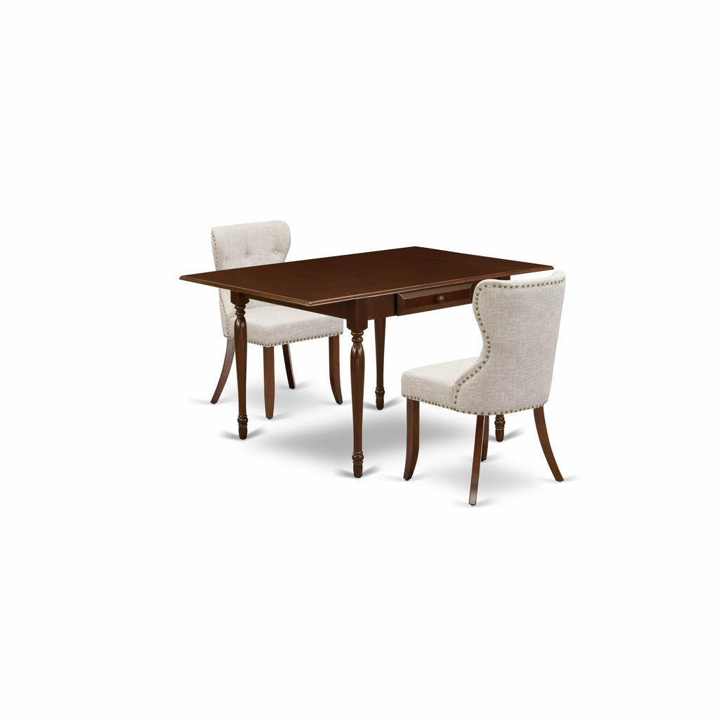 East West Furniture MZSI3-MAH-35 3 Piece Kitchen Table Set Contains a Rectangle Dining Room Table with Dropleaf and 2 Doeskin Linen Fabric Parson Dining Chairs, 36x54 Inch, Mahogany