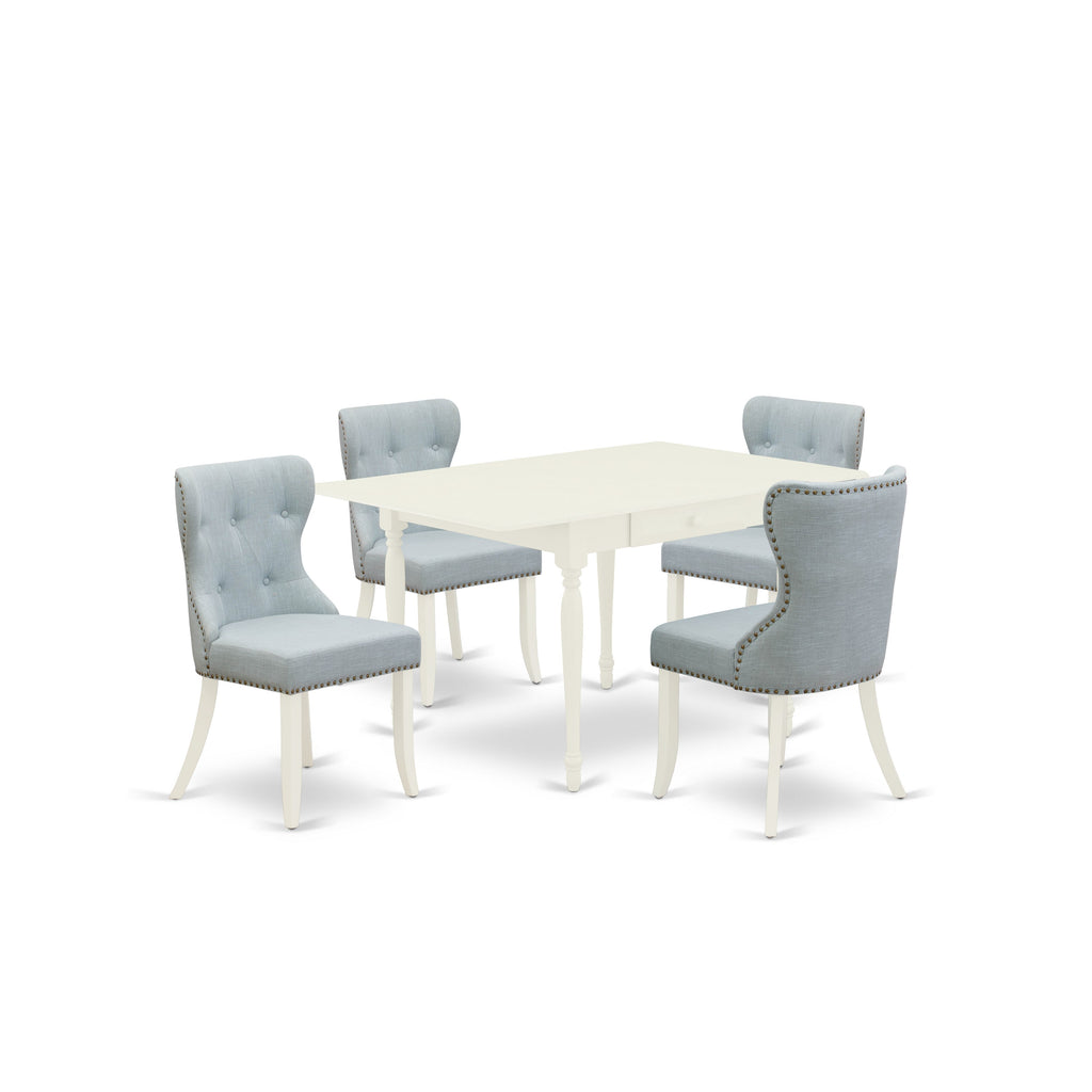 East West Furniture MZSI5-LWH-15 5 Piece Dining Room Table Set Includes a Rectangle Dining Table with Dropleaf and 4 Baby Blue Linen Fabric Upholstered Chairs, 36x54 Inch, Linen White
