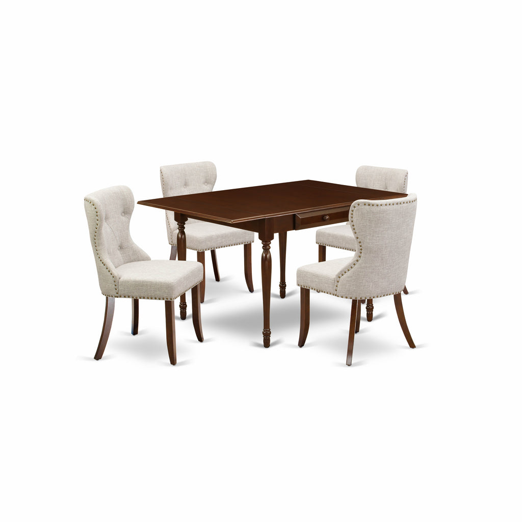 East West Furniture MZSI5-MAH-35 5 Piece Dining Room Furniture Set Includes a Rectangle Dining Table with Dropleaf and 4 Doeskin Linen Fabric Parsons Chairs, 36x54 Inch, Mahogany
