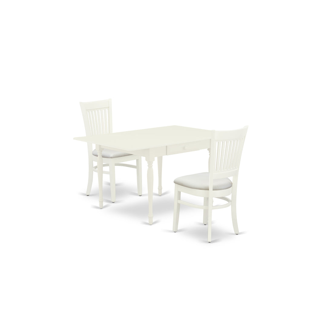 East West Furniture MZVA3-LWH-C 3 Piece Kitchen Table & Chairs Set Contains a Rectangle Dining Room Table with Dropleaf and 2 Linen Fabric Upholstered Chairs, 36x54 Inch, Linen White