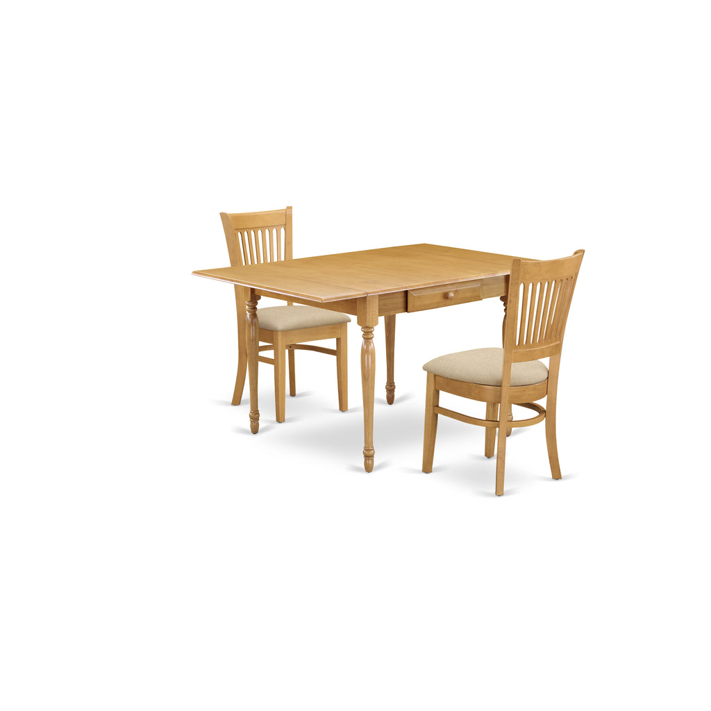 East West Furniture MZVA3-OAK-C 3 Piece Kitchen Table Set for Small Spaces Contains a Rectangle Dining Table with Dropleaf and 2 Linen Fabric Dining Room Chairs, 36x54 Inch, Oak