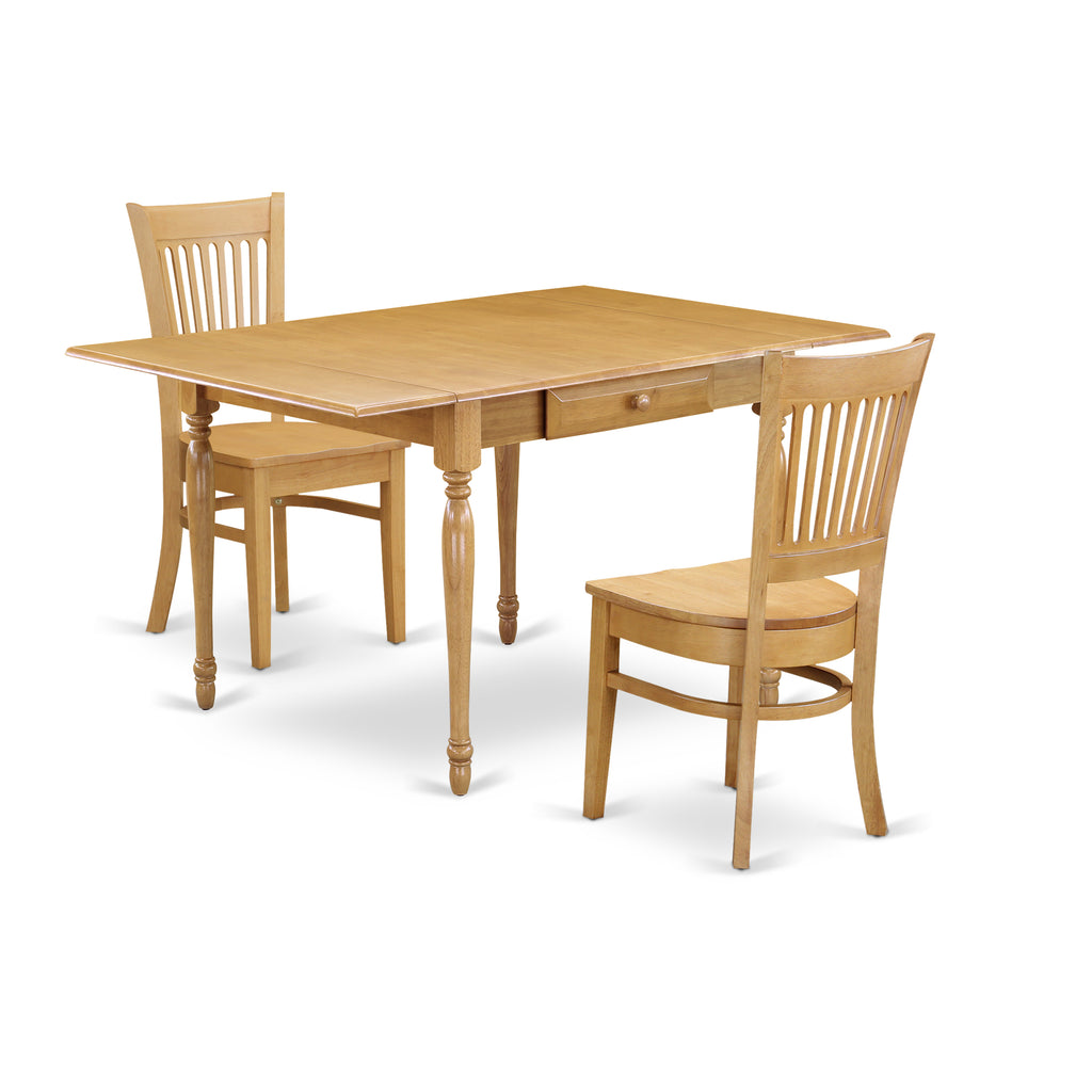 East West Furniture MZVA3-OAK-W 3 Piece Dining Room Table Set Contains a Rectangle Kitchen Table with Dropleaf and 2 Dining Chairs, 36x54 Inch, Oak