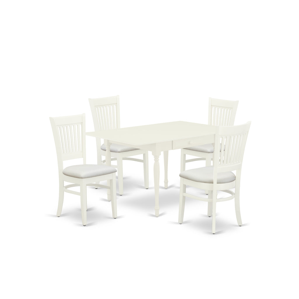 East West Furniture MZVA5-LWH-C 5 Piece Modern Dining Table Set Includes a Rectangle Wooden Table with Dropleaf and 4 Linen Fabric Dining Room Chairs, 36x54 Inch, Linen White