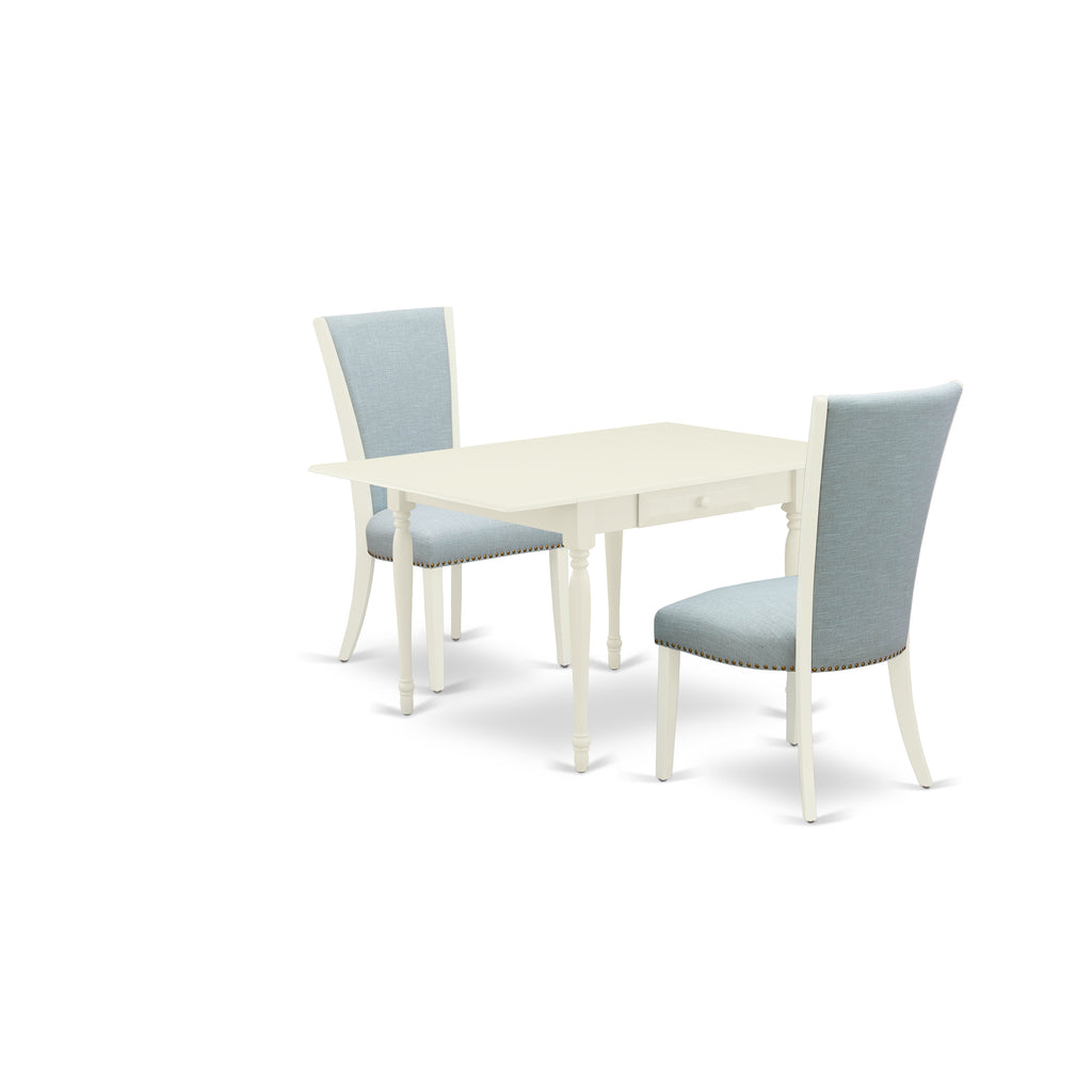 East West Furniture MZVE3-LWH-15 3 Piece Dining Room Table Set Contains a Rectangle Kitchen Table with Dropleaf and 2 Baby Blue Linen Fabric Parson Dining Chairs, 36x54 Inch, Linen White
