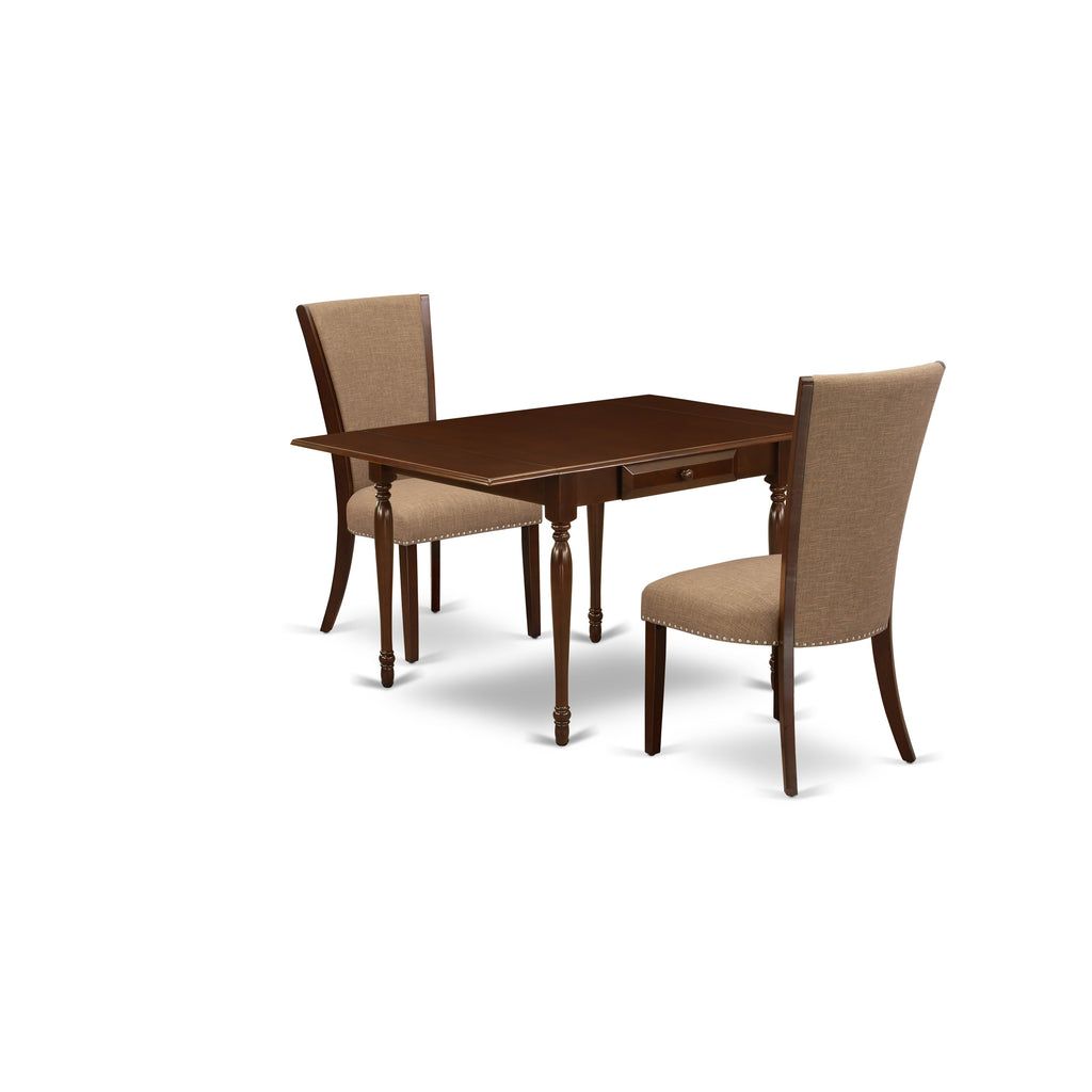East West Furniture MZVE3-MAH-47 3 Piece Kitchen Table Set Contains a Rectangle Dining Table with Dropleaf and 2 Light Sable Linen Fabric Upholstered Chairs, 36x54 Inch, Mahogany
