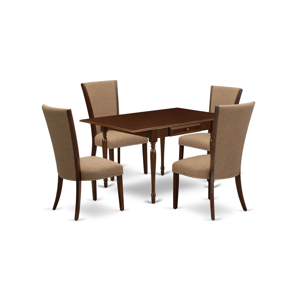 East West Furniture MZVE5-MAH-47 5 Piece Dining Table Set Includes a Rectangle Dining Room Table with Dropleaf and 4 Light Sable Linen Fabric Upholstered Chairs, 36x54 Inch, Mahogany
