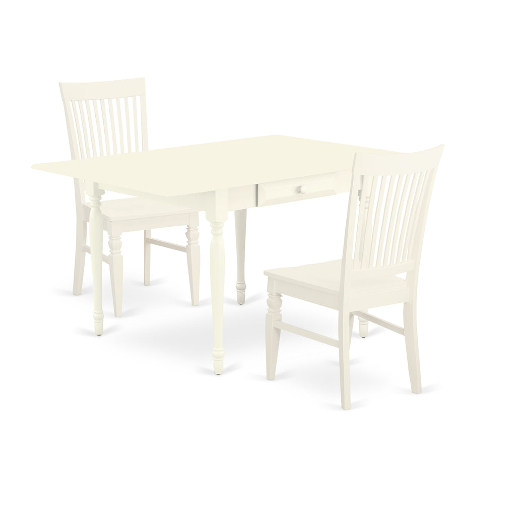 East West Furniture MZWE3-LWH-W 3 Piece Modern Dining Table Set Contains a Rectangle Wooden Table with Dropleaf and 2 Dining Chairs, 36x54 Inch, Linen White