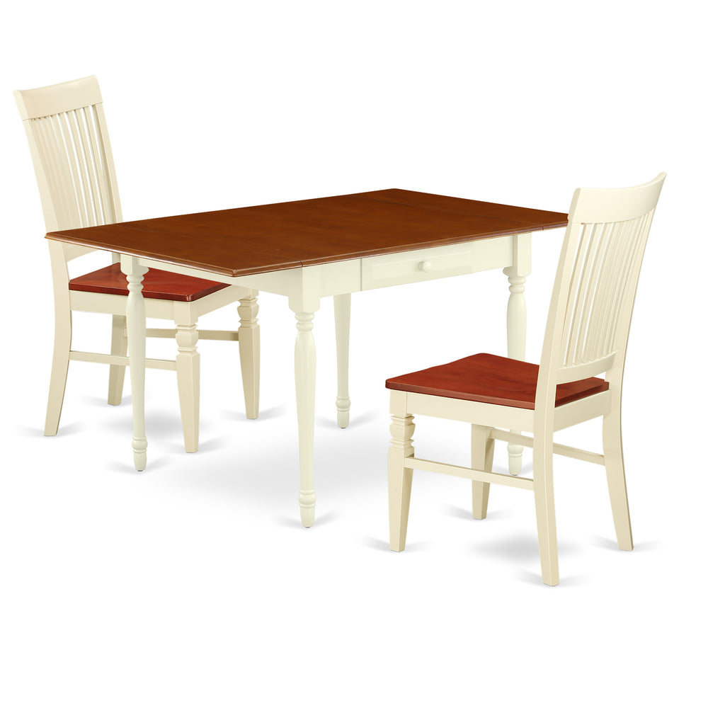 East West Furniture MZWE3-WHI-W 3 Piece Kitchen Table Set for Small Spaces Contains a Rectangle Dining Room Table with Dropleaf and 2 Dining Chairs, 36x54 Inch, Buttermilk & Cherry