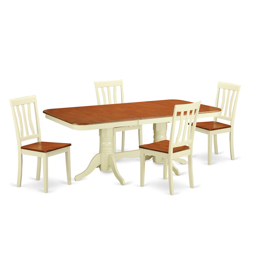 East West Furniture NAAN5-WHI-W 5 Piece Dining Table Set for 4 Includes a Rectangle Kitchen Table with Butterfly Leaf and 4 Dining Room Chairs, 40x78 Inch, Buttermilk & Cherry