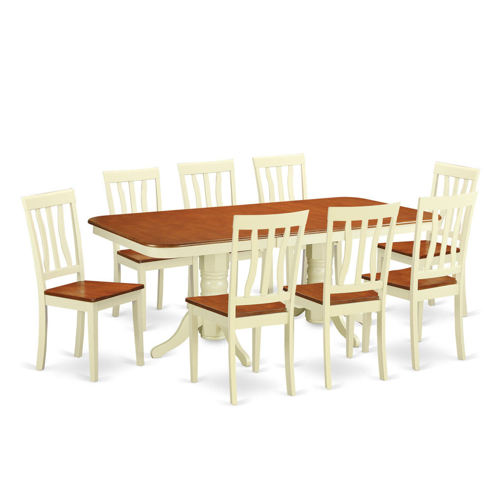 East West Furniture NAAN9-WHI-W 9 Piece Dining Room Table Set Includes a Rectangle Kitchen Table with Butterfly Leaf and 8 Dining Chairs, 40x78 Inch, Buttermilk & Cherry